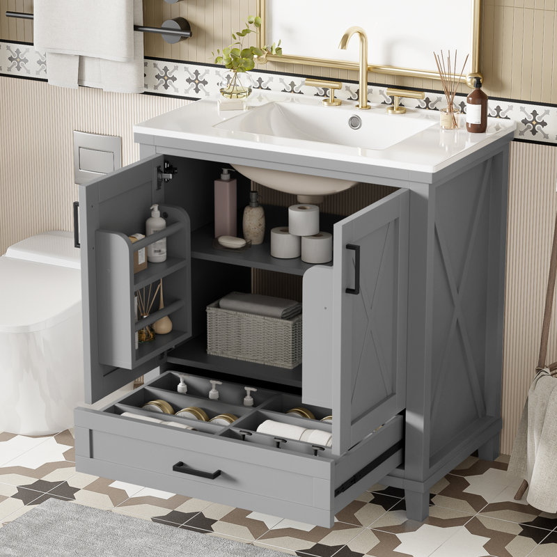 30" Single Bathroom Vanity With Ceramic Top, Gray