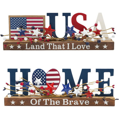 Patriotic Tabletop Decor Set 2 Pcs Usa Home Wooden Signs Red White Blue Berry Stars, Memorial Day 4th July Decorations Patriotic Decor For Home Office