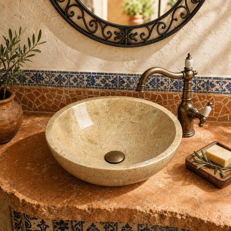 Natural Marble Bathroom Vessel Sink, Gold Beige Genuine Real Marble, Natural Stone with Polished Surface