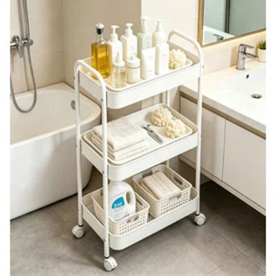 Chariot roulant à 3 niveaux, chariot utilitaire en métal avec 4 crochets, chariot de rangement roulant sur roulettes, petit chariot de rangement pour chambre de bébé, cuisine, salon, salle de bain