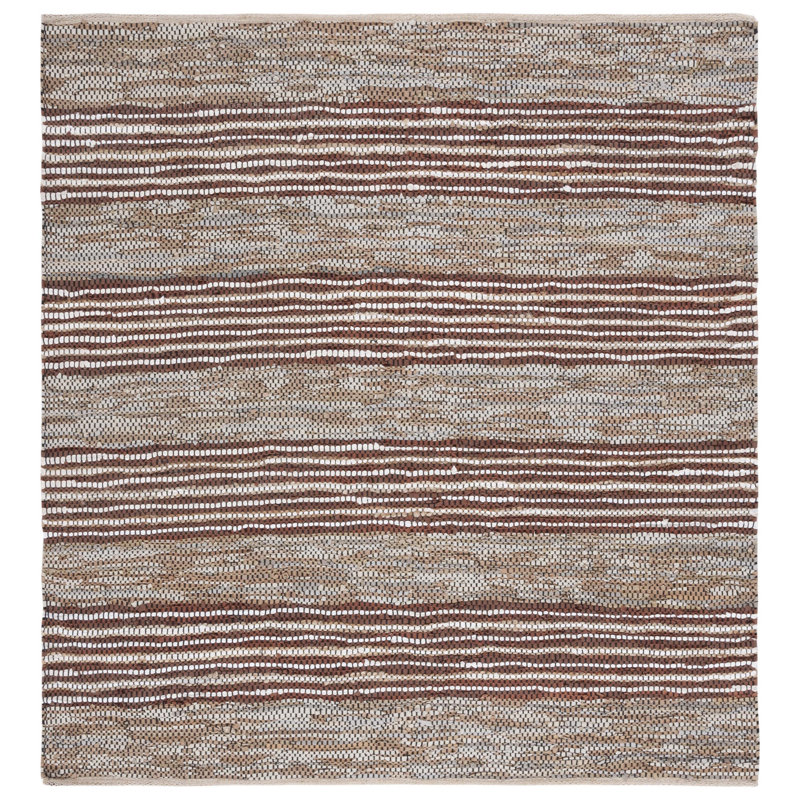 Gereldine Vintage Leather Hand Woven Leather/Jute Striped Rug in Beige/Natural, Square 6'