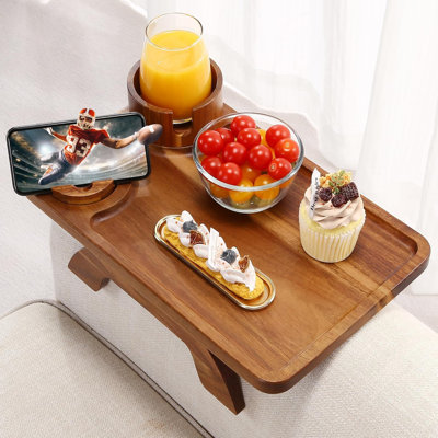 Couch Armrest Table Acacia with 360°Rotating Phone & Cup Holders,15.4" x 9.8