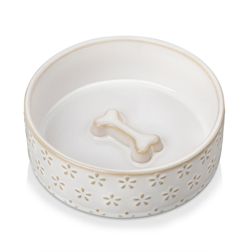 Flower Embossed Pattern Anti-skid Stoneware Dog Bowl, 480ml