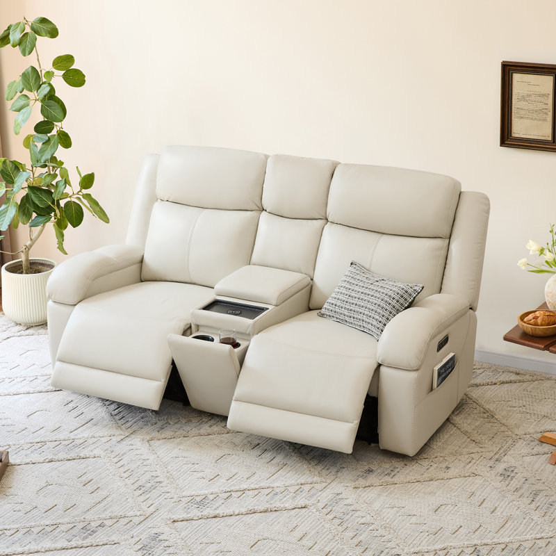 75,6? Canapé inclinable électrique 2 places en cuir fleur avec console et chargement sans fil, Crème