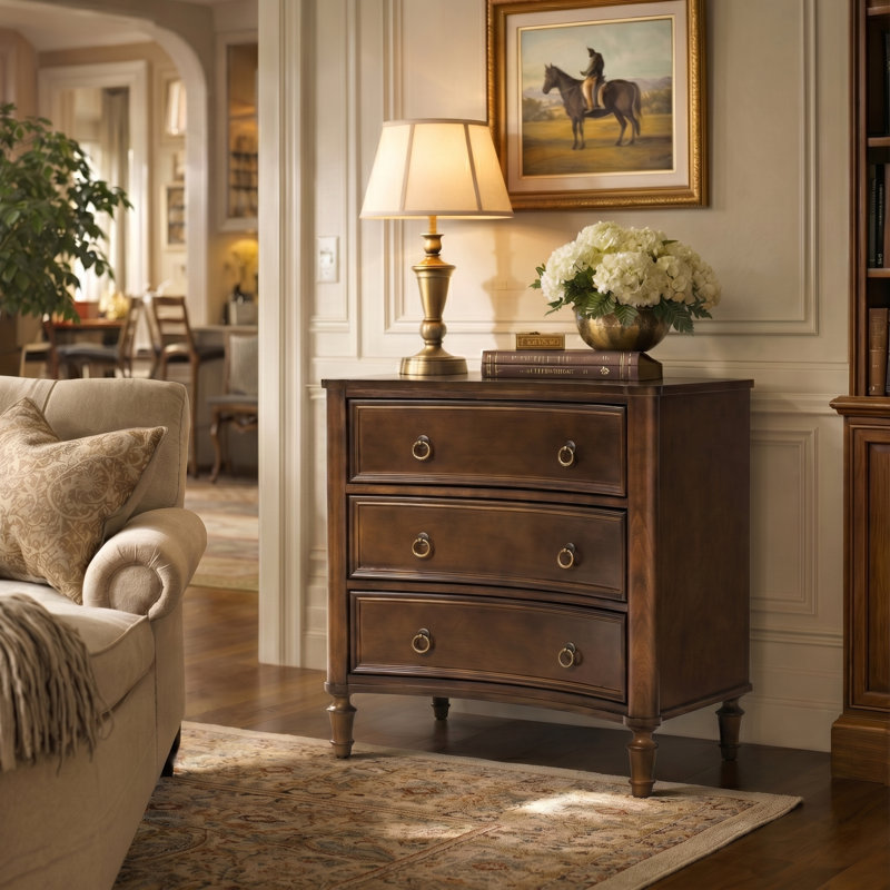 Gillianne 26"W 3-Drawer Curved Silhouette End Table with Built-in Charging Station and Simple Assembly, Walnut