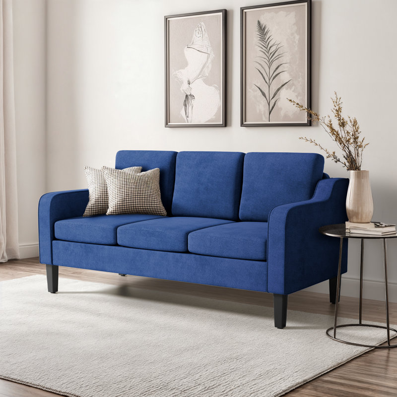 64" Mid-Century Modern 3-Seater Sofa 4" Wide Arc-Notched Armrests Compact Design, Blue