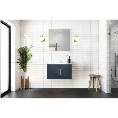 30 po L x P 22 po Meuble-lavabo bleu marine avec comptoir en marbre, robinet, miroir à DEL - à rayures et taches de qualité