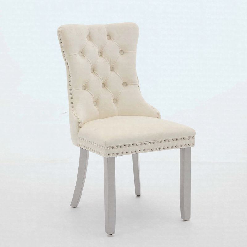Ensemble de 2 chaises de salle à manger modernes et haut de gamme en velours capitonné avec pieds en bois et garniture cloutée