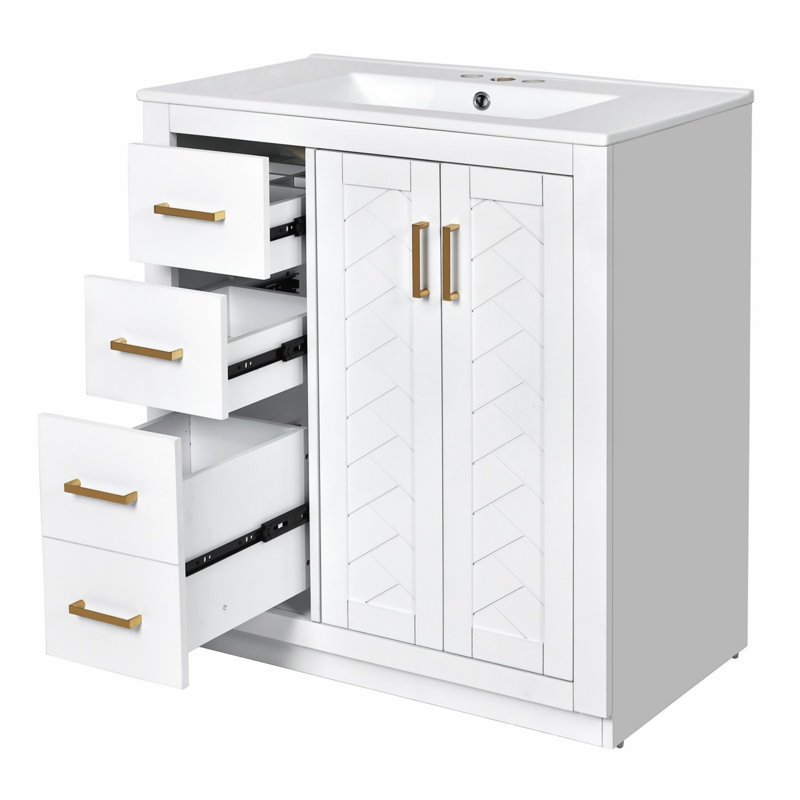 Meuble-lavabo 30 po avec lavabo en céramique, Blanc, Doré