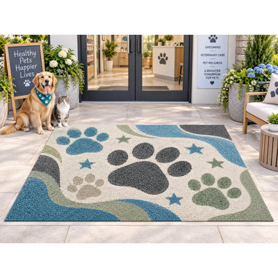 5' x 7' Outdoor Area Rug Modern Paw Print Waves Heavyweight Solid Waterproof PVC Coil Loop Carpet, Patio Rug, Quick Dry Outdoor Mat for Large Doormat Porch Deck Entryway Pet Supply & Grooming Salons 