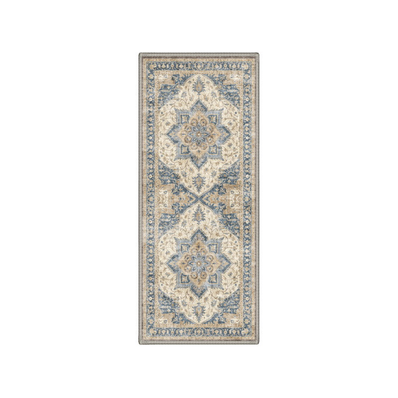 Valencia Blue / Brown Indoor Floral Area Rug,Machine Washable,with Non-Slip Backing, Runner 2' x 6'