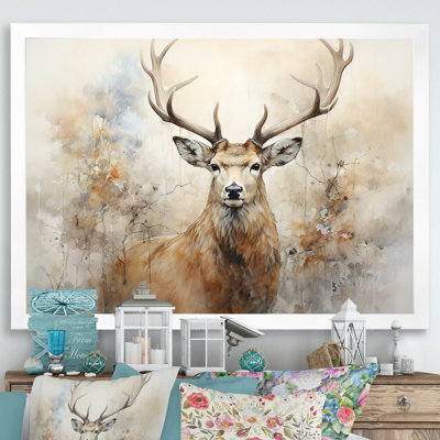 Minimalism Beige Deer Portrait III - Deer Framed Canvas Print Wall Art
