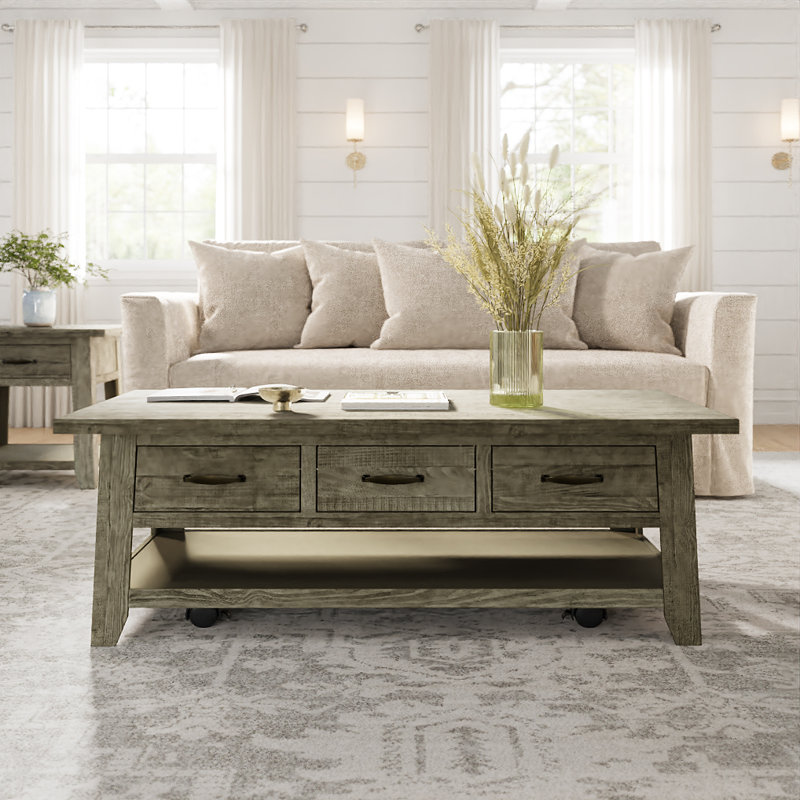Table basse en acacia patiné avec roulettes Braden, Bois flottant gris