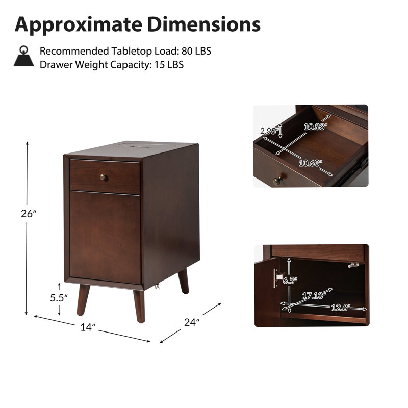 Quintavion 14"W Mid-Century Modern End Table With Storage And Built-In Outlets(Set Of 2), Dark Brown