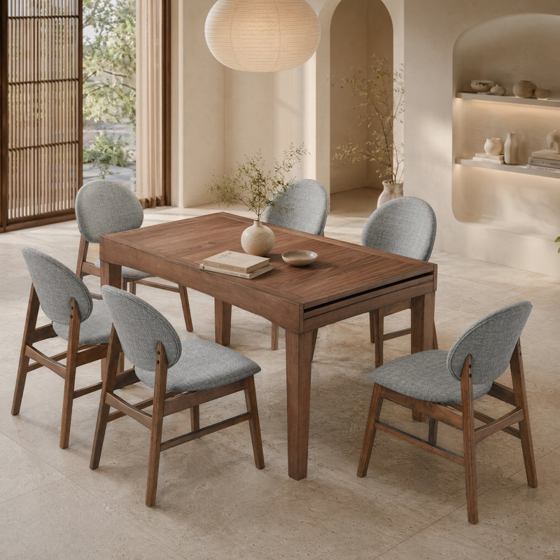 Verona 7-Piece Extendable Solid Wood Dining Room Set With Upholstered Curved Back Chairs, Brown / Gray