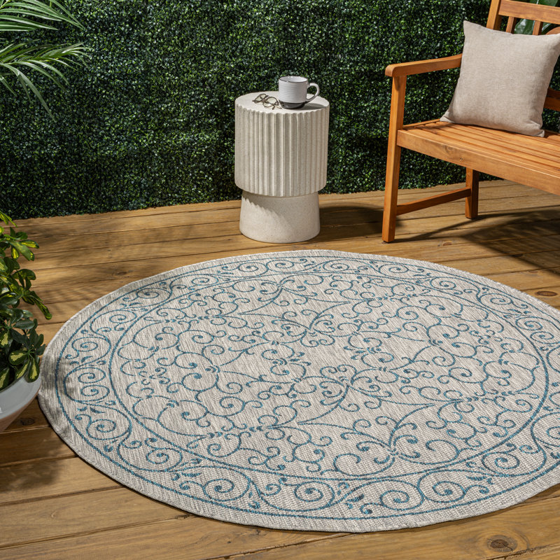 Hagerman Vintage Filigree Textured Weave Gray/Teal Indoor/Outdoor Rug, Round 7'9"