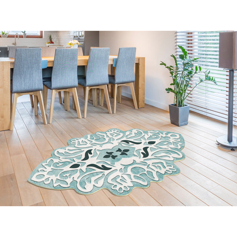 Tapis bleu sarcelle / noir en polyester tissé à la machine Novelty Eggleston, Nouveauté 5 pi 3 po x 7 pi 7 po