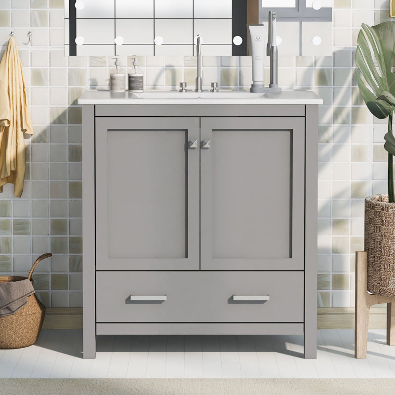 Meuble-lavabo simple avec plateau Sibelle 30, Gris