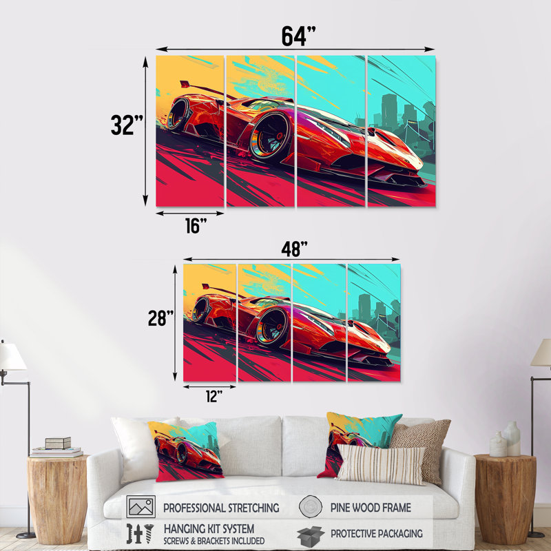 «High Speed Retro Red Sports Car», art mural exotique sur toile, 4 pièces, H 32 po x l 64 po