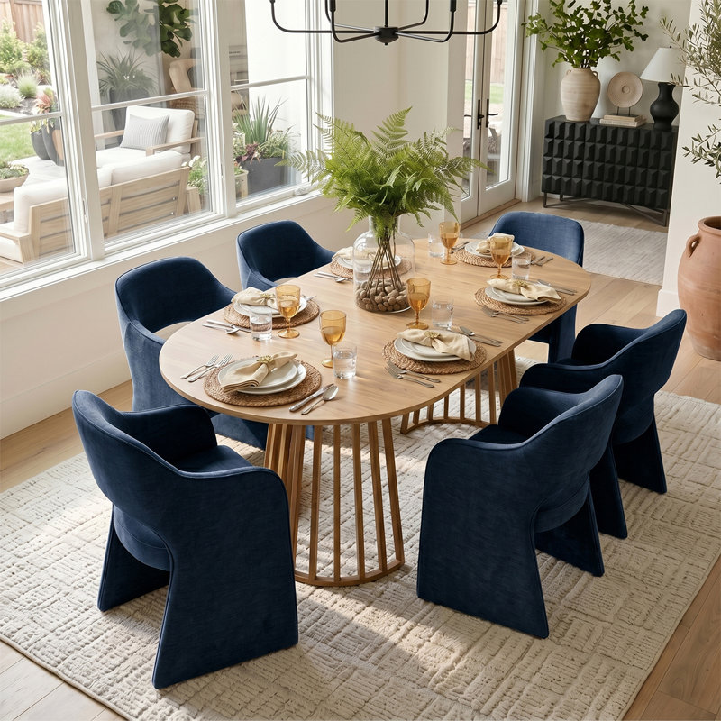 6- Person Dining Table Sets With Extendabe Oval Table & 6 Upholstered Chenile Diining Chairs, Blue
