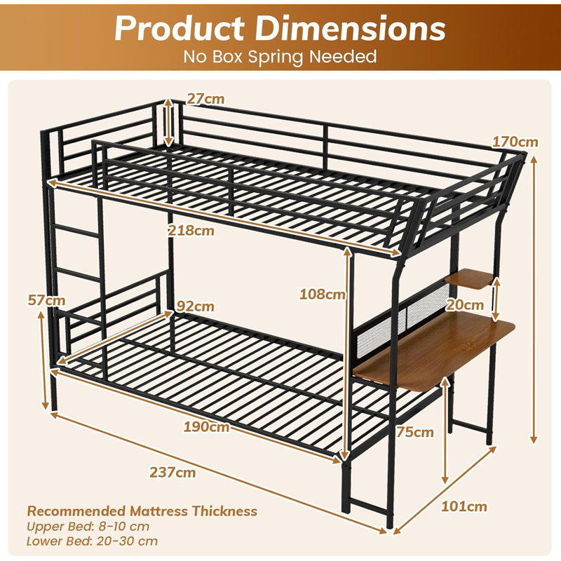 Bunk Bed Single over Single Loft Bed with Wooden Tabletop & Shelf