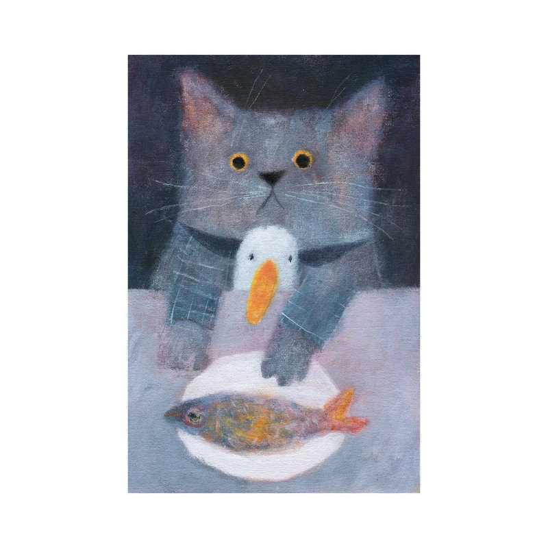 The Cat And The Duck Having The Dinner by Natalia Shaloshvili - Wrapped Canvas Painting, 66.04 cm H x 45.72 cm W