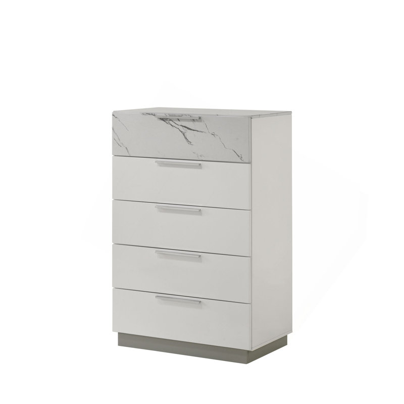 Commode - finition bicolore très brillante en marbre et laque avec cinq tiroirs à glissement lisse, tiroir supérieur doublé de velours