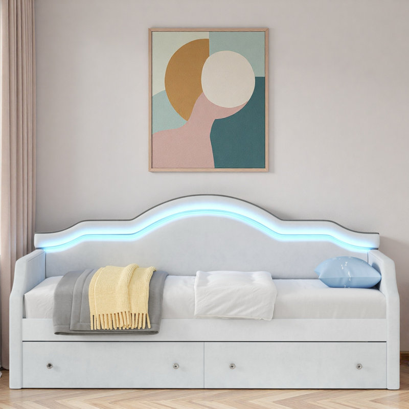 Upholstered Daybed With Led And 2 Drawers, Grey, Twin
