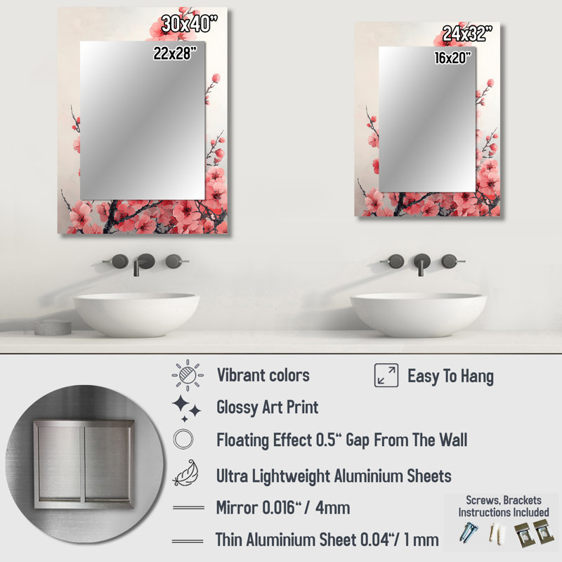 «Pink Cherry Blossoms Summer Embrace III» - miroir unique en forme de fleur de cerisier, grand miroir mural traditionnel, impression d'art en métal