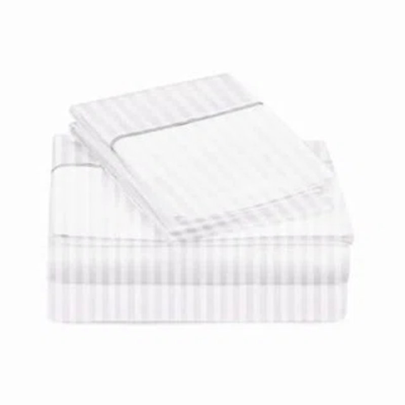 400TC Single Embroidery Sateen Stripe Cotton 4 Piece Sheet Set Fitted Sheet Fits Upto 16" Deep Pocket, White Border