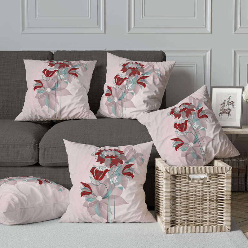 Coussin à motif floral avec housse amovible, Vert / mauve / rose, H 18 po x l 18 po