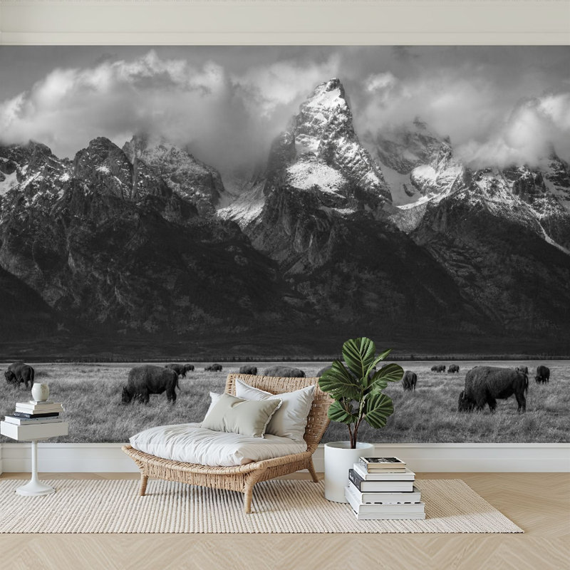 Murale auto-adhésive moderne pour la chambre à coucher Peel and Stick L 69 po x l 96 po avec imprimé de bisons blancs et noirs