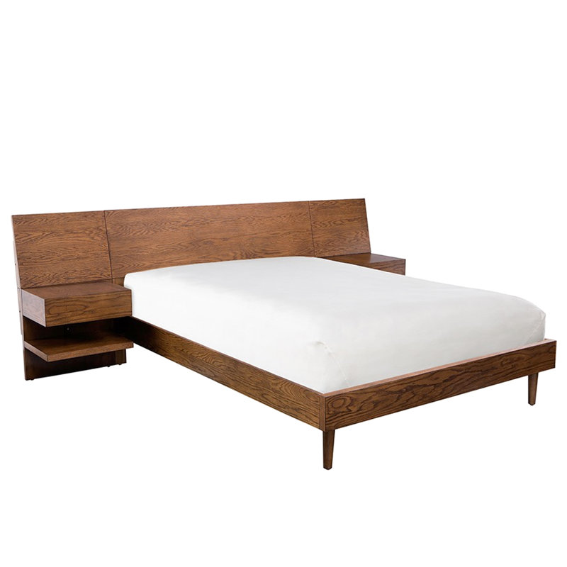 Très grand lit avec 2 tables de chevet non amovibles en bois de pacanier, très grand lit en bois et armoires de table de chevet