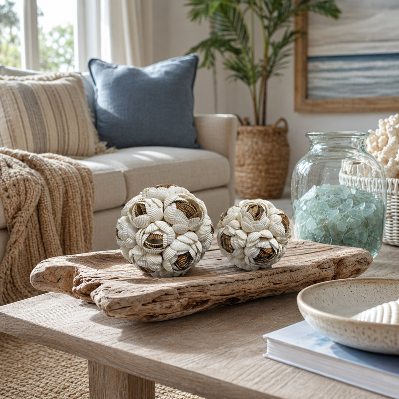Boule décorative en forme de coquillage et de fleur, idéale pour une décoration intérieure de style bord de mer - Élément décoratif moderne pour le salon ou une table - Lot de 2, 12,5 cm x 10 cm, brun et ivoire