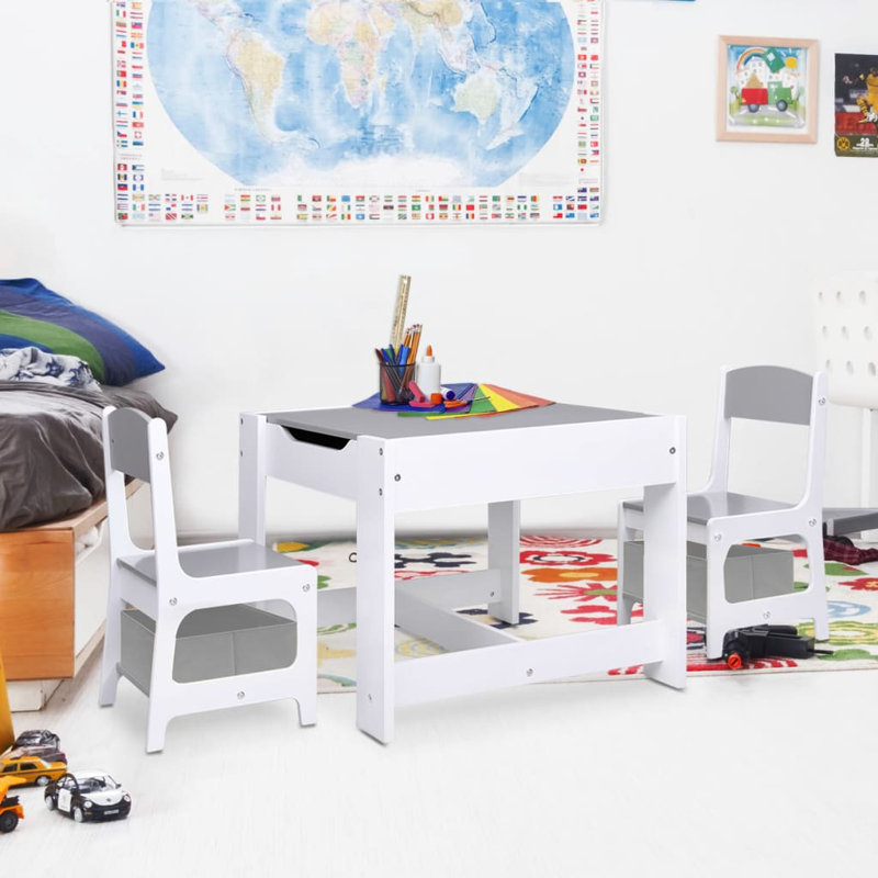 Chana Kids 3 Piece Square Interactive Table and Chair Set, Grey, White