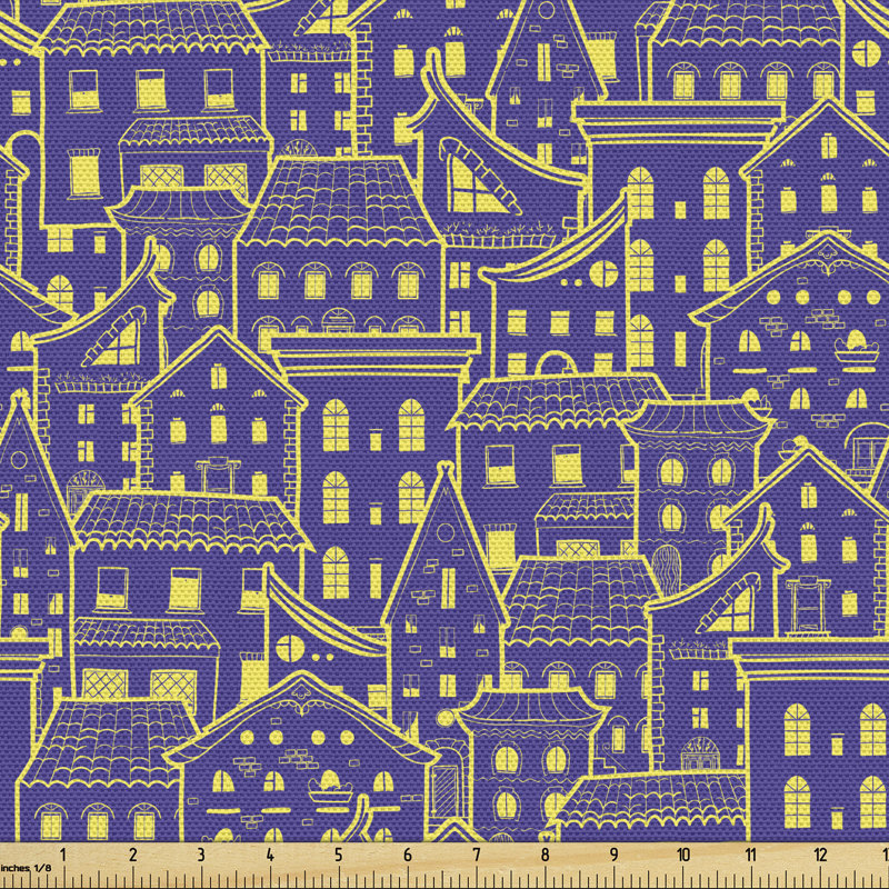 Nevis Doodle with Bicolour Design Houses with Windows and Roofs Fabric