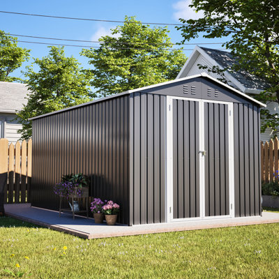 Rangement d'outils de jardin verrouillable en métal 8 x 12 pi, cadre en aluminium gris, amplement d'espace pour les vélos, portes doubles, accès rapide et facile au rangement, grande remise extérieure grise avec porte, essentiels, double pratique