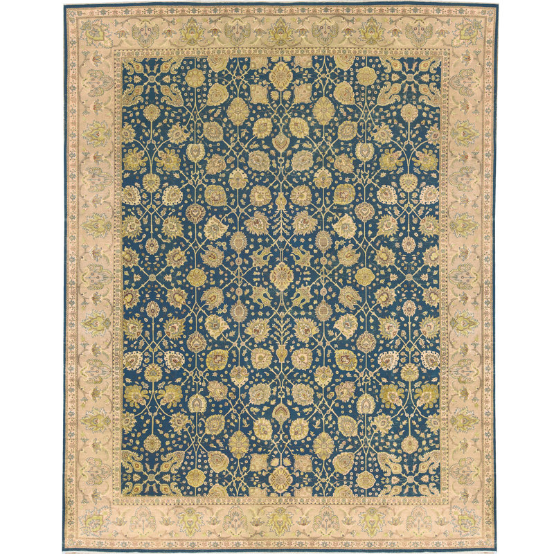 Tapis bleu et doré de haute qualité noué à la main