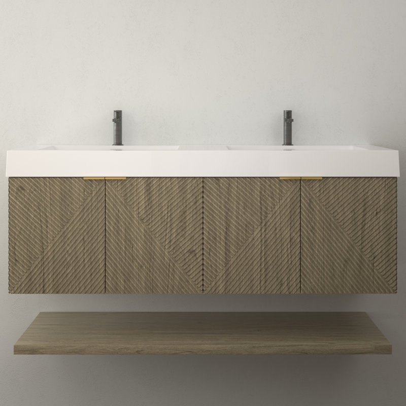 Stella 60 Inches Wall Mounted Vanity Set With Doors And Inside Drawer, White Oak