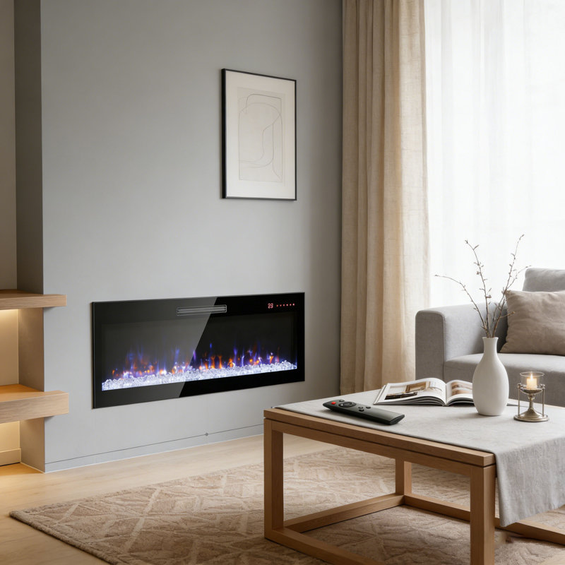 Foyer électrique 60 po encastré mince 60 po - fixation murale, lit flamme et braise multicolore, chauffage à DEL avec télécommande