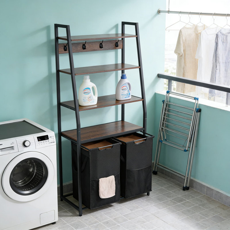 4-Tier Laundry Sorter Hamper With Shelves And Hooks, Freestanding Storage Organizer With 600D Oxford Cloth Bags For Laundry Room, Bathroom, And Closet
