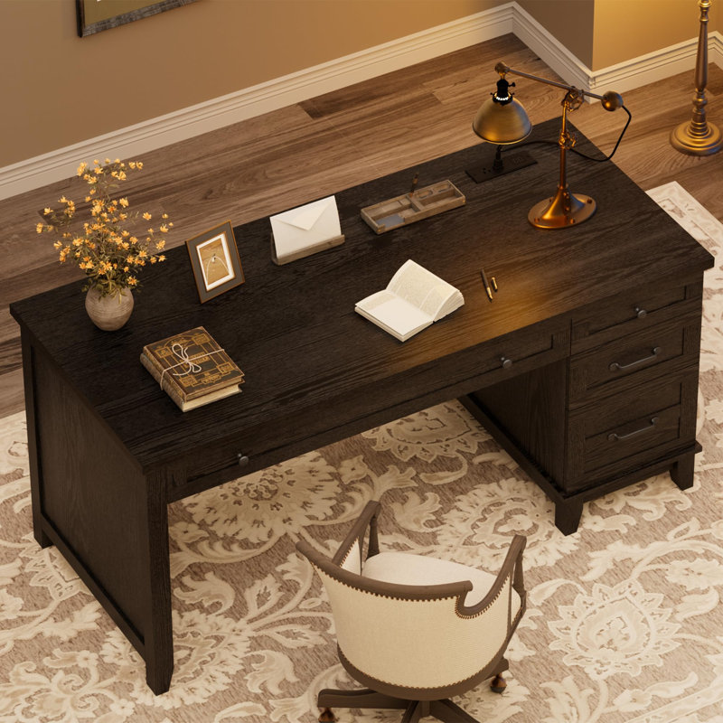 Bureau de direction Farmhouse avec station de charge et ports USB - Bureau d'écriture en bois 53,5 ", Noir