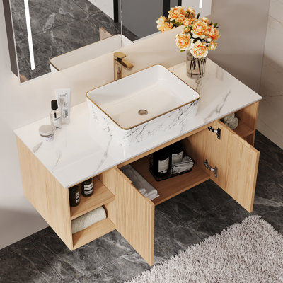 Antonanzas 48” Single Bathroom Vanity With Glossy Sintered Stone Top, Light Wood