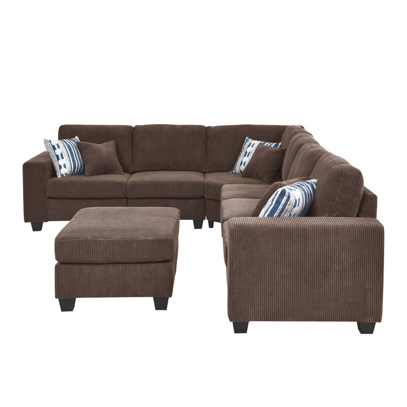 Erstonia Sectional With Ottoman, Dark Brown Corduroy