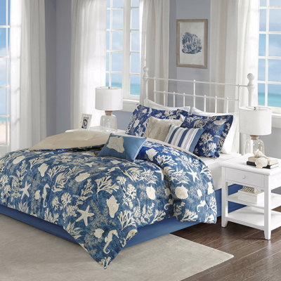 7 Piece Cotton Sateen Comforter Set Blue Cal King