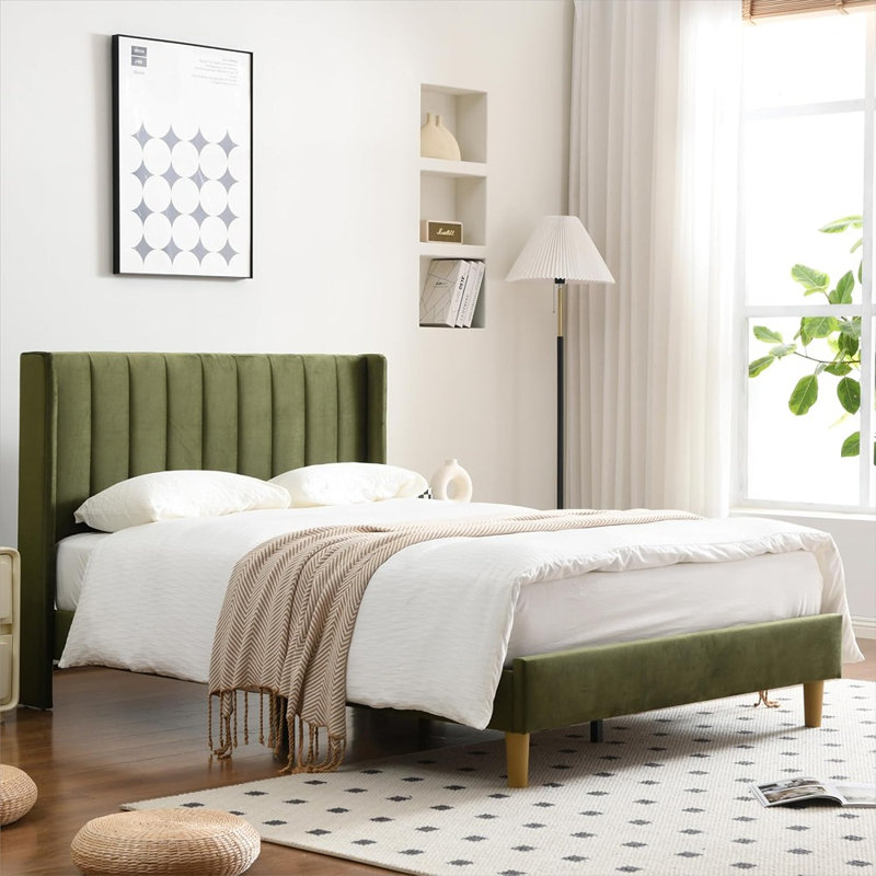 Cadre de lit plateforme rembourré avec tête de lit, sommier moderne pour lit double, mobilier de chambre confortable, vert gazon