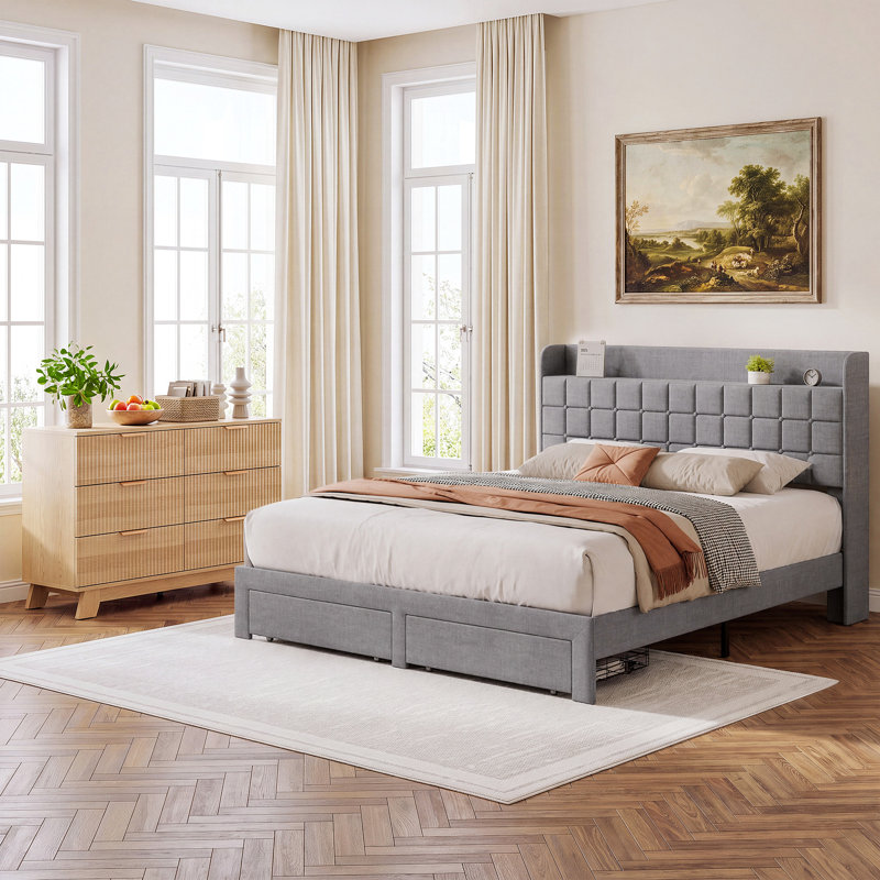 Ensemble de chambre à coucher: lit plateforme capitonné avec rangement à 2 tiroirs et tête de lit avec rangement et commode en bois cannelé