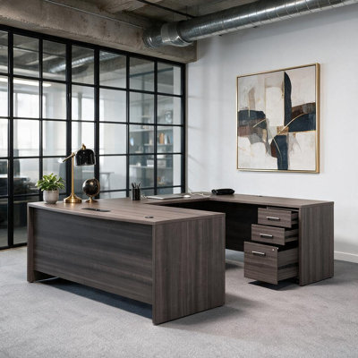 Bureau double caisson en L 71 po avec caisson classeur verrouillable à 3 tiroirs, poste de travail en L pour la maison et le bureau