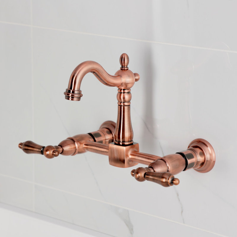 Kingston Brass Heritage Double-Handle 2-Hole Wall-Mount Bridge Kitchen Faucet, Antique Copper