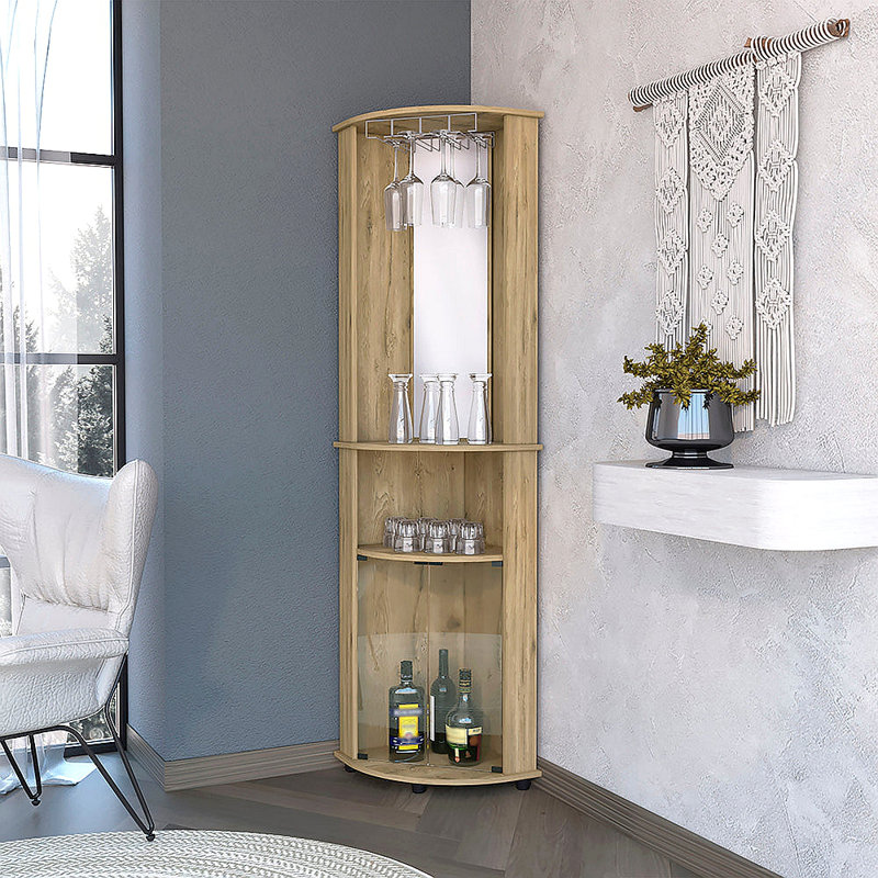 Bar d'angle 2 portes 2 tablettes avec support en verre Macadamia, Brun